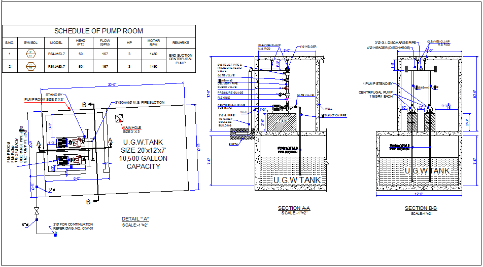 Plumbing detail view of pump room for collage building dwg file
