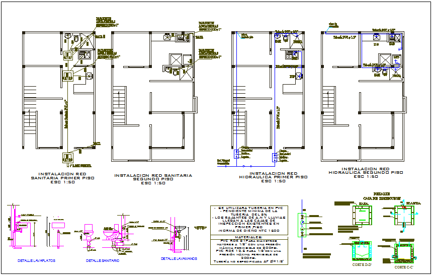 Plumbing view in sanitary and hydraulic installation view in plan of house dwg file