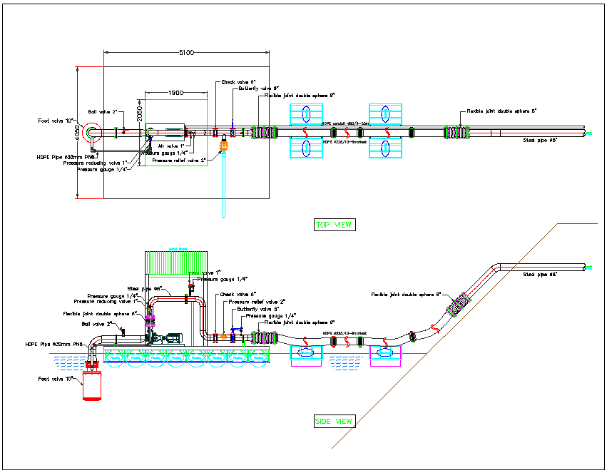 Plumbing water pipe line connection channel section view dwg file