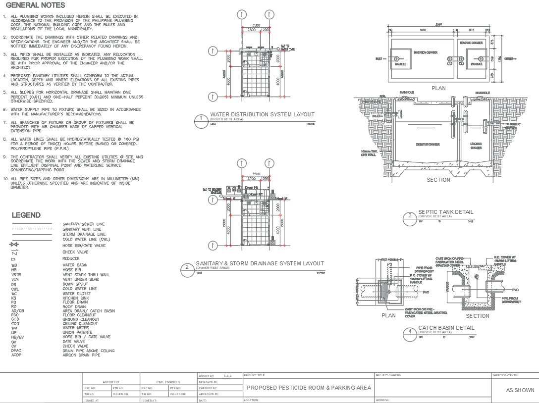 Plumbing Details for Pesticide Room and Parking Area Drawing In DWG File