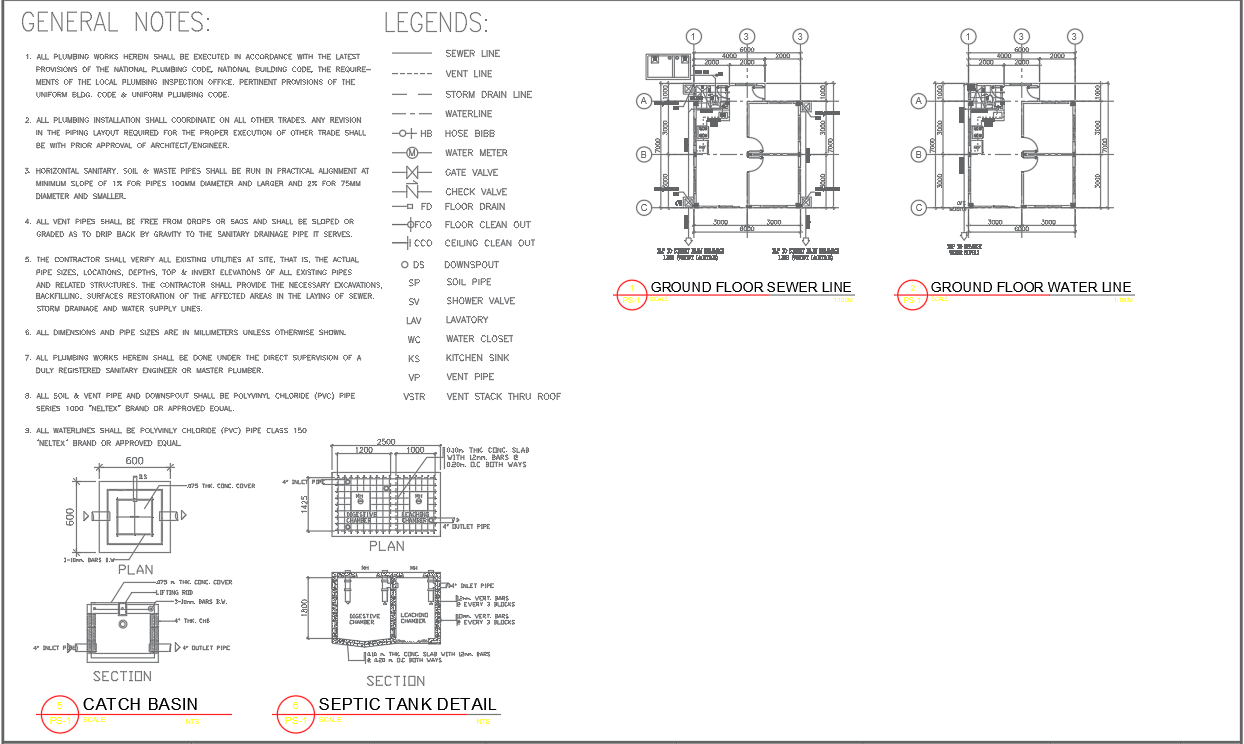 Plumbing Plan Detail of a 2 Bedroom Residential House Drawing In AutoCAD File