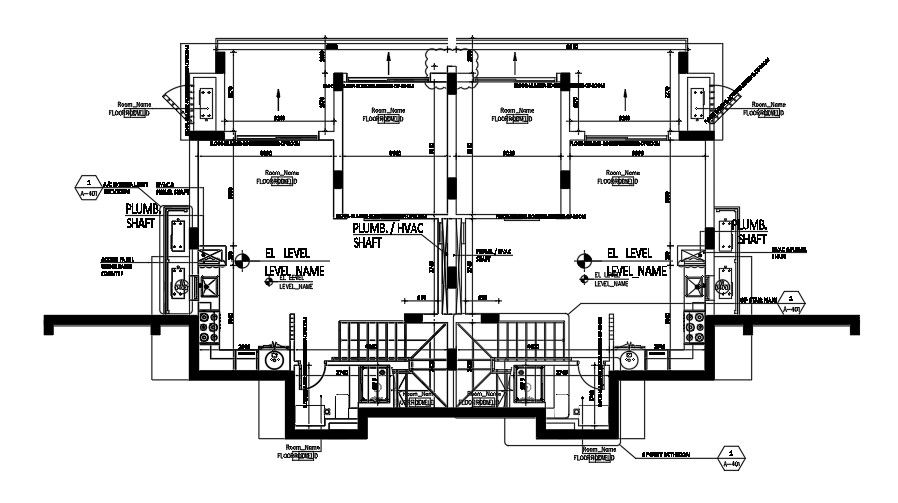Plumbing and HAVC detail drawing of building floor with kitchen interior.