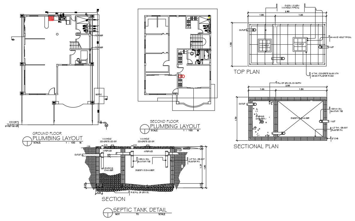 Plumbing layout and septic tank details of duplex house details were given in the Autocad 2D DWG drawing file.