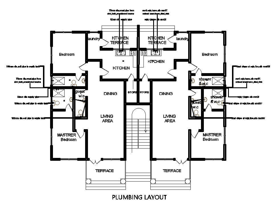 Plumbing layout of 18x15m house plan of residential building is given in this Autocad drawing model. Download now.