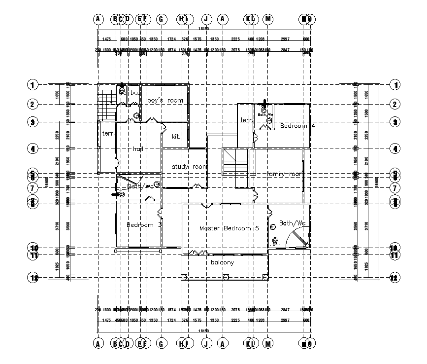 Plumbing layout of 18x17m first floor house plan is given in this Autocad drawing file. Download now.