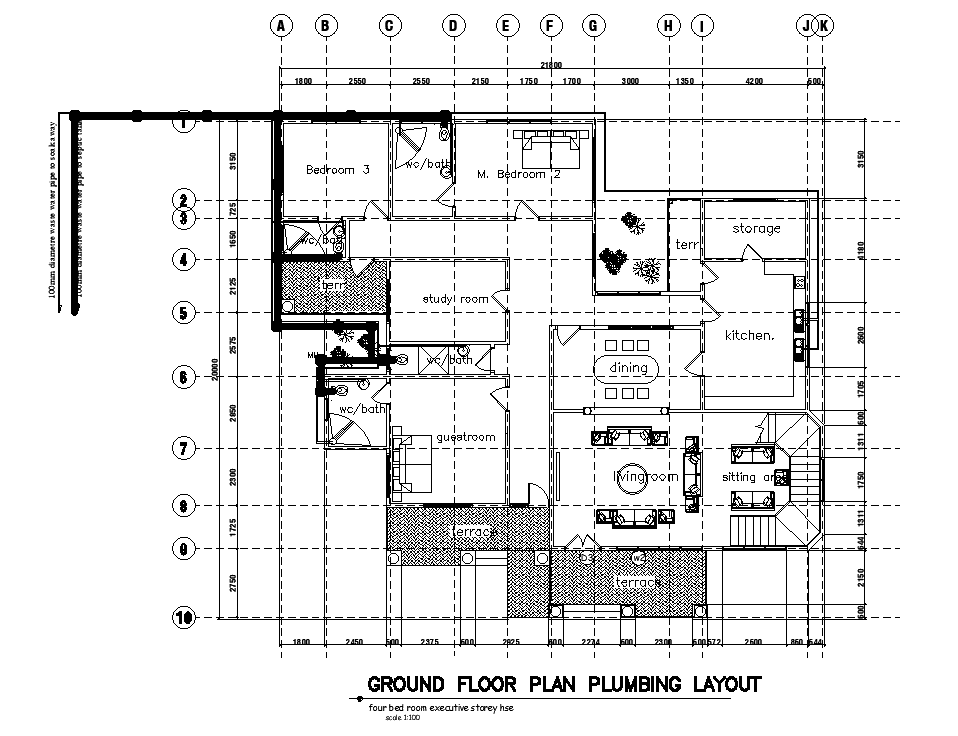 Plumbing layout of 22x20m ground floor house plan is given in this Autocad drawing file. Download now.