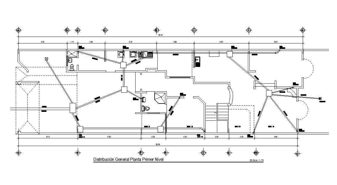 Plumbing layout of 40x11m ground floor house plan is given in this AutoCAD drawing model.Download now.