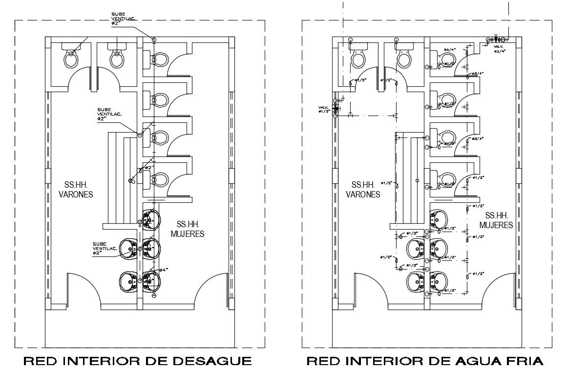 Plumbing layout of 5x8m toilet plan is given in this AutoCAD drawing model. Download now.