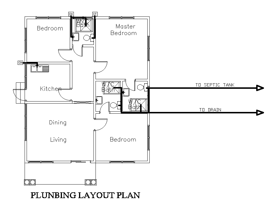 Plumbing layout of 9x11m ground floor house plan is given in this Autocad drawing file. Download now.