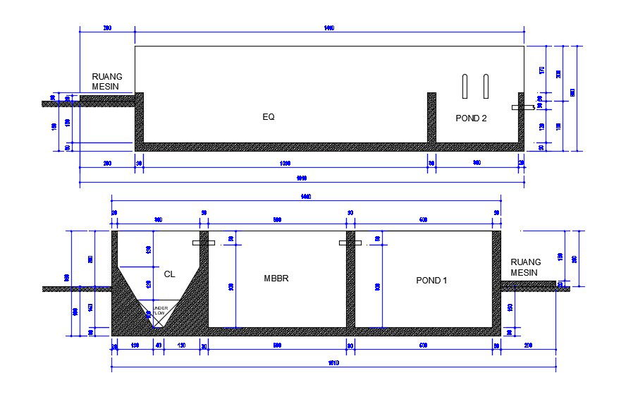 Pond Water Filtration MBBR Process Design CAD Drawing