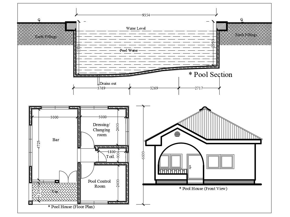 Pool house elevation and floor plan dwg autocad file