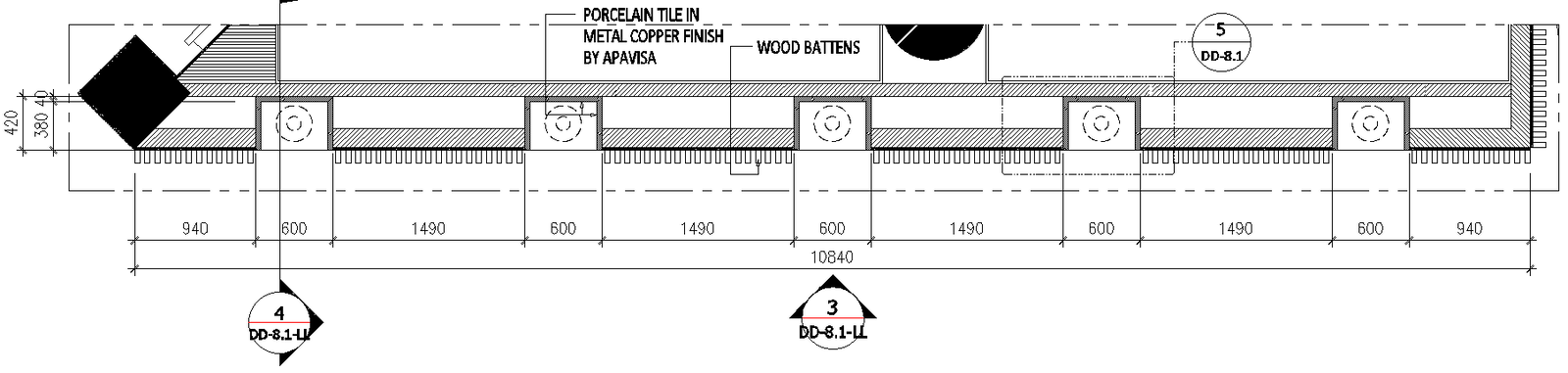 Porcelain tiles  in metal copper finish with wood battens details dwg autocad drawing .