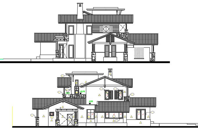 Porch House Front And Rear Elevation Design AutoCAD File