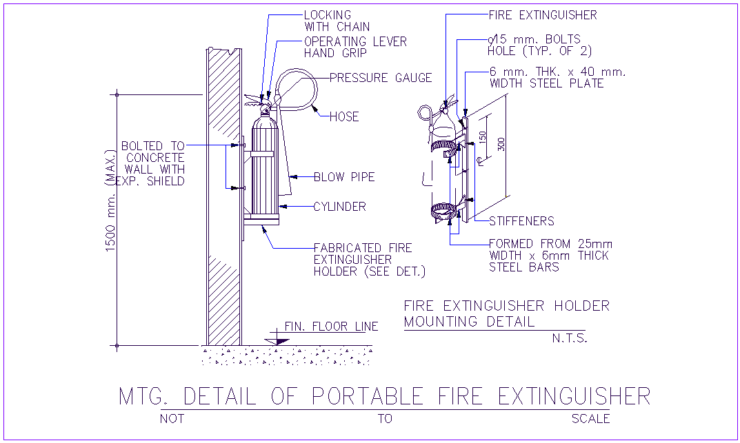 Portable fire extinguisher with pipe section view dwg file
