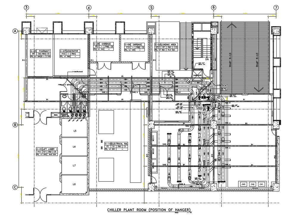 Position of hanger – chiller plant room details are given in the the Autocad DWG drawing file. Download the Autocad DWG drawing file.