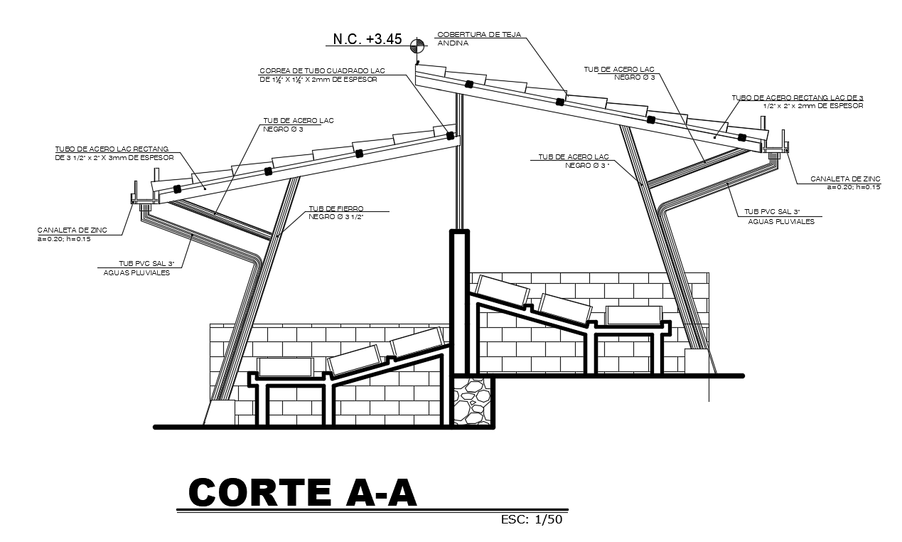 Posterior section view of 5x3m small hotel building is given in this Autocad drawing model. Download now.
