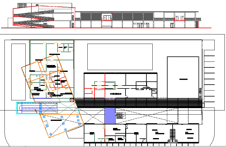 Poultry office building sectional view with layout plan details dwg file
