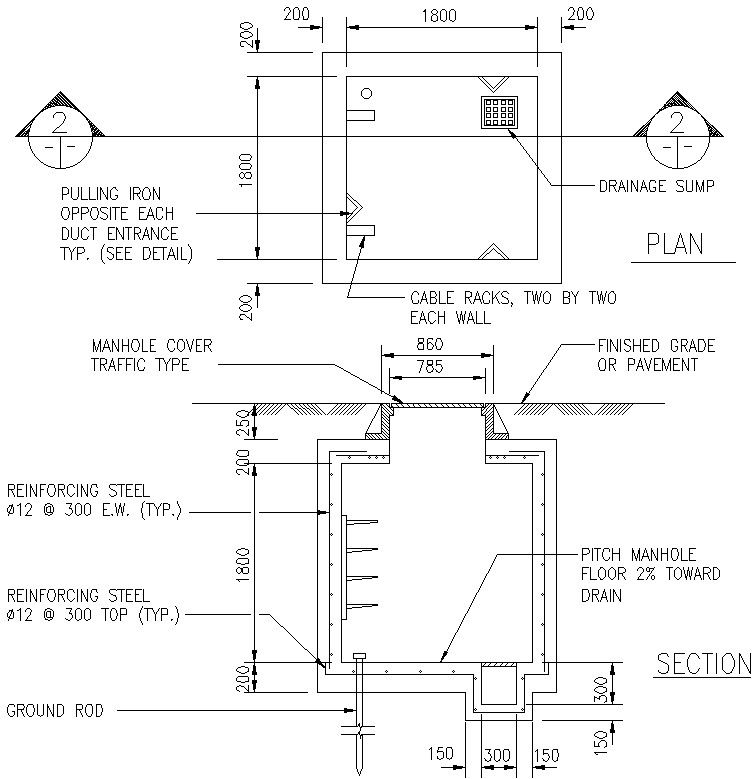 Power details and section in AutoCAD, dwg file.