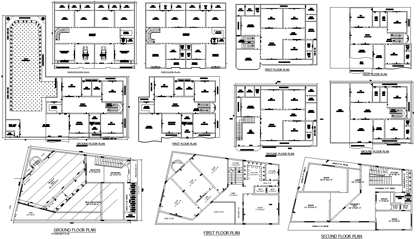 Prayer hall architectural layout with interior design in DWG File