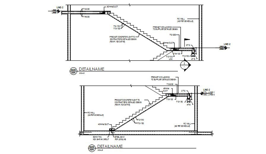 Precast concrete flight staircase typical side section details are given in this AutoCAD Drawing File.