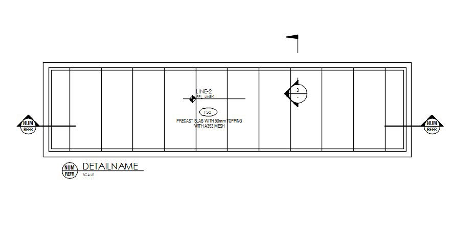 Precast slab with 50mm topping with A393 mesh is given in this AutoCAD Drawing File. Download the AutoCAD file now.
