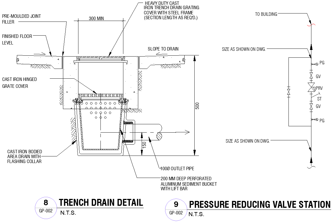 Pressure Reducing Valve Station & Trench Drain Details AutoCAD Block DWG File