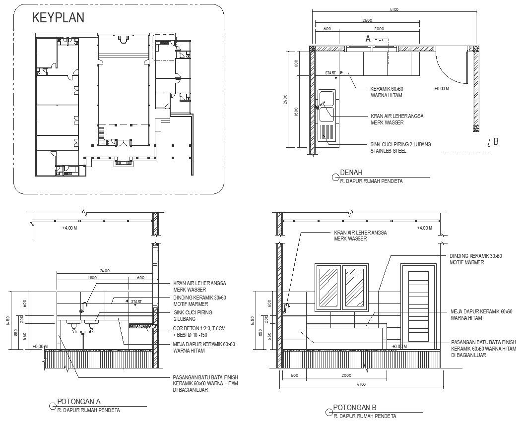 Priest’s kitchen plan section and elevation detail with key plan of church DWG AutoCAD drawing