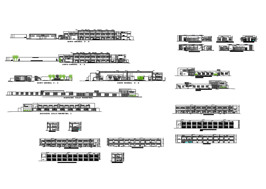 Primary educational institute all sided elevation and sectional details dwg file