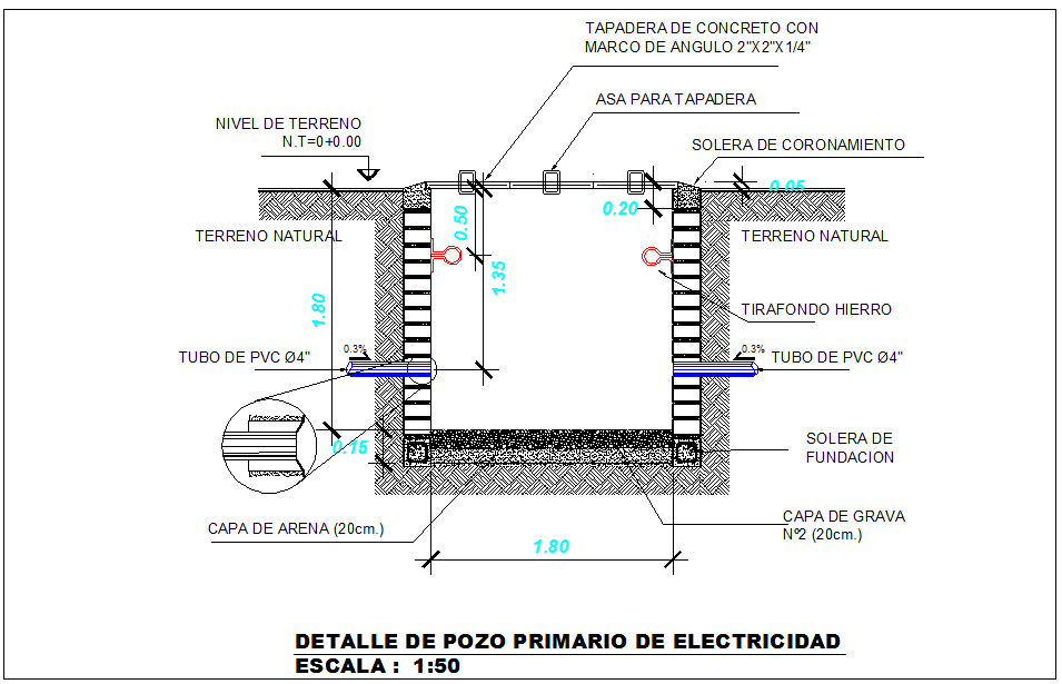 Primary electric PVC pipeline connection view detail dwg file