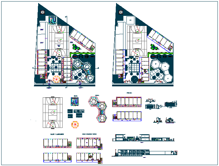 Primary school landscape design view with elevation dwg file