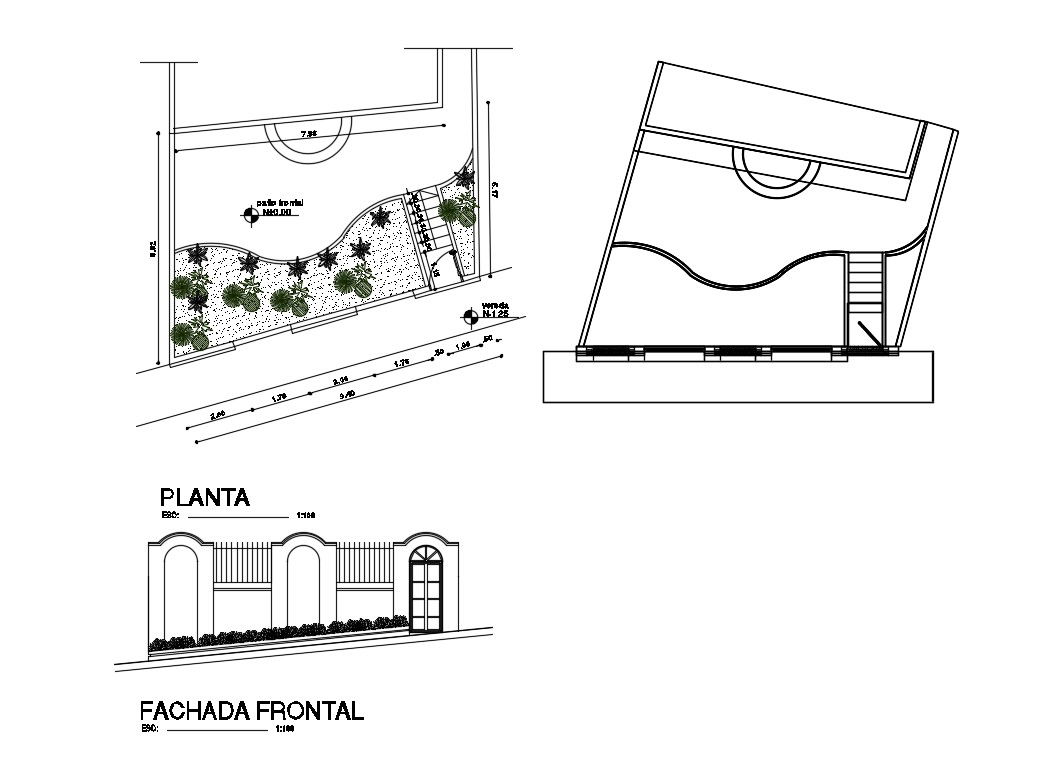 Private house garden gate elevation, landscaping and plan details dwg file