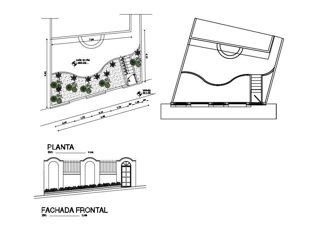 Private house garden gate elevation, landscaping and plan details dwg file