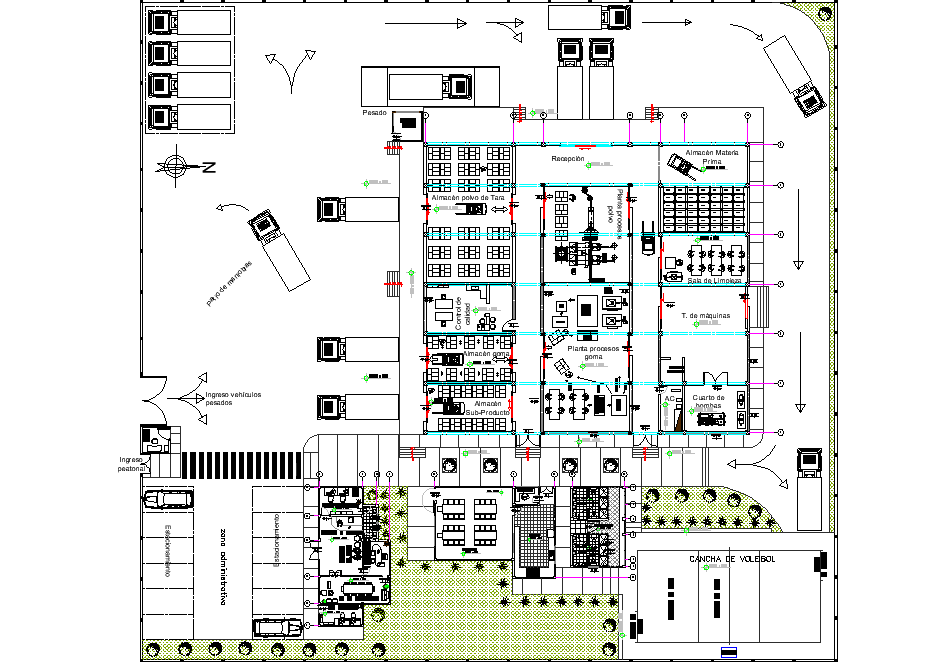 Processing plant detail, truck and car parking detail