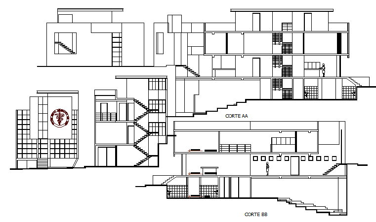 Professional union building full elevation and sectional view dwg file