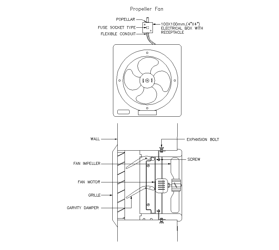 Propeller fan detail elevation 2d view layout file