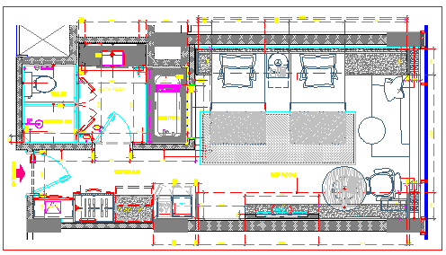Proposed furniture layout of hotel room design drawing