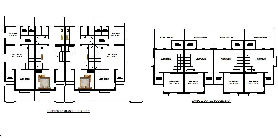Proposed ground floor and first floor plan details of house dwg file