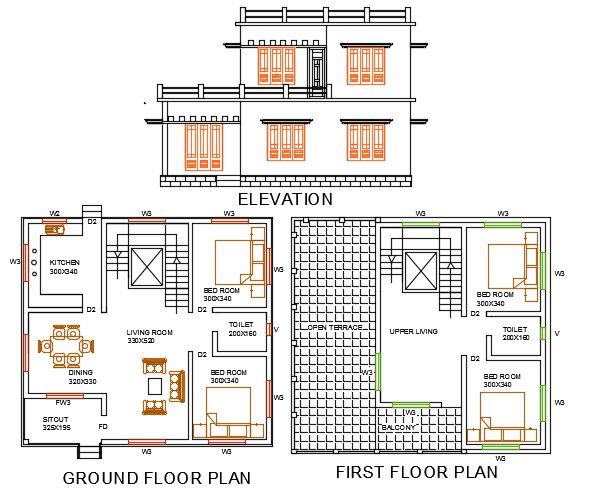 Proposed Residential Building Plan And Elevation Design AutoCAD Drawing