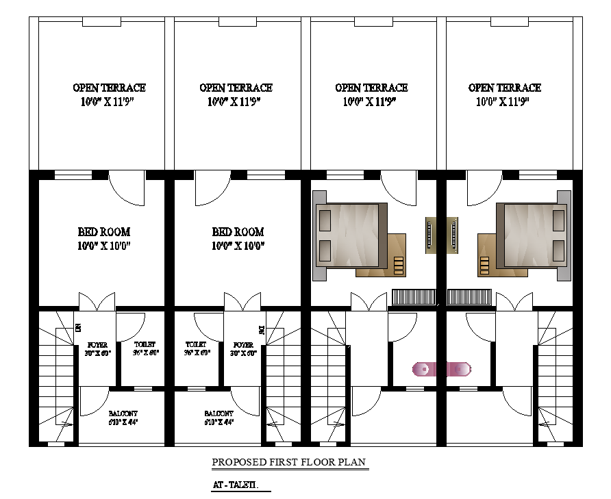Proposed duplex first floor plan is given in this Autocad drawing file. Download now.
