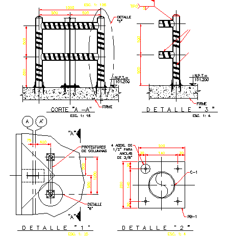 Protective detail of columns construction of building dwg file