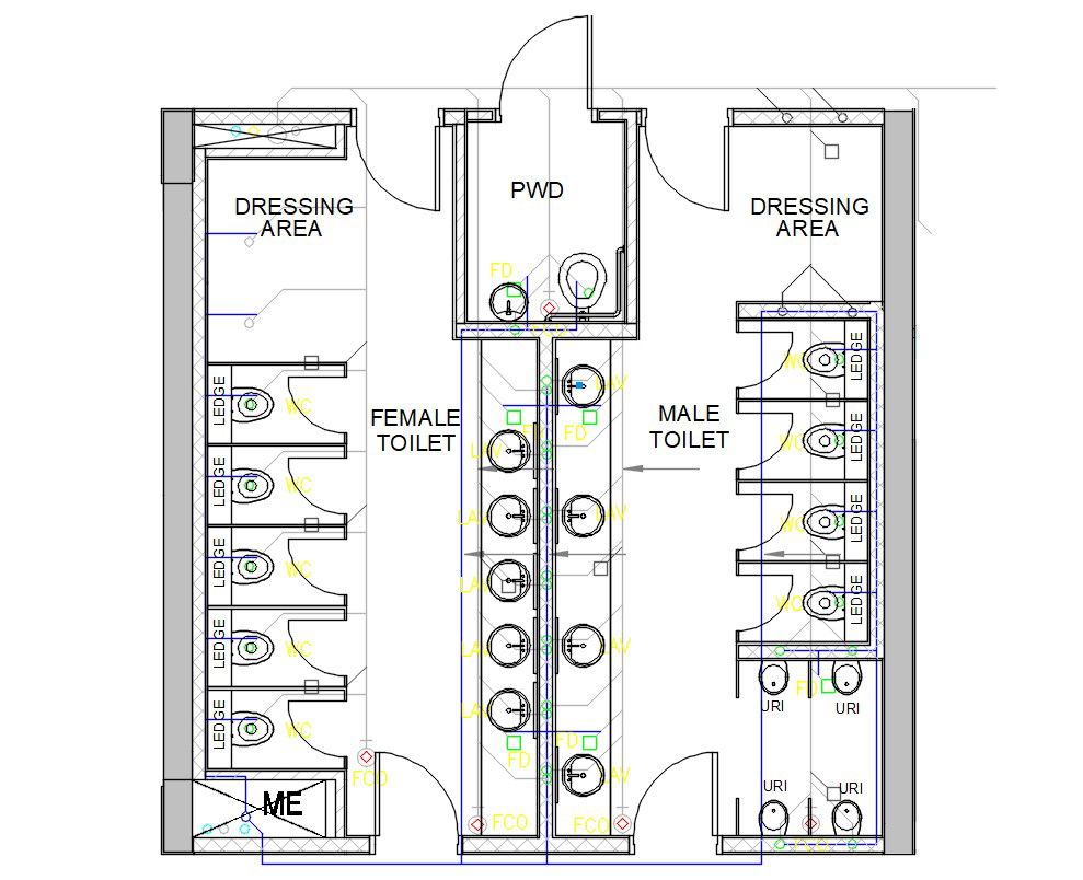 Public Toilet Plan with Sanitary Layout in AutoCAD DWG Format
