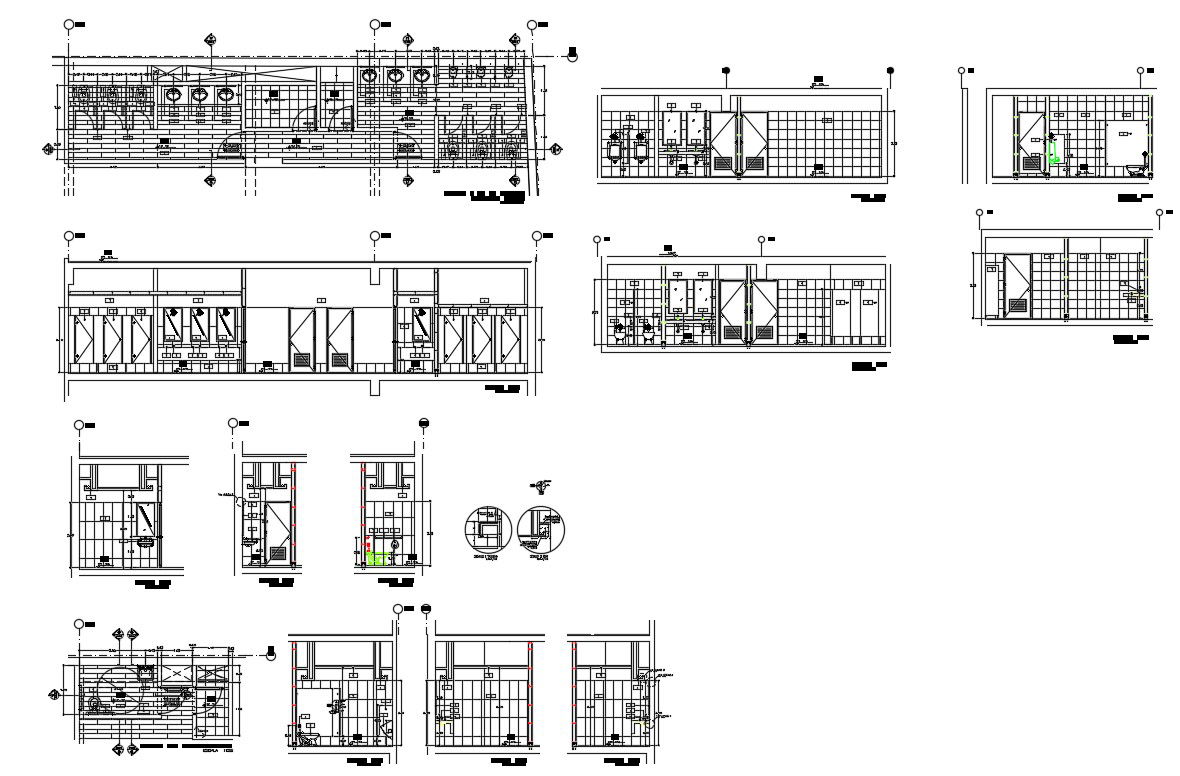 Public bathroom and services section, plan and installation details dwg file