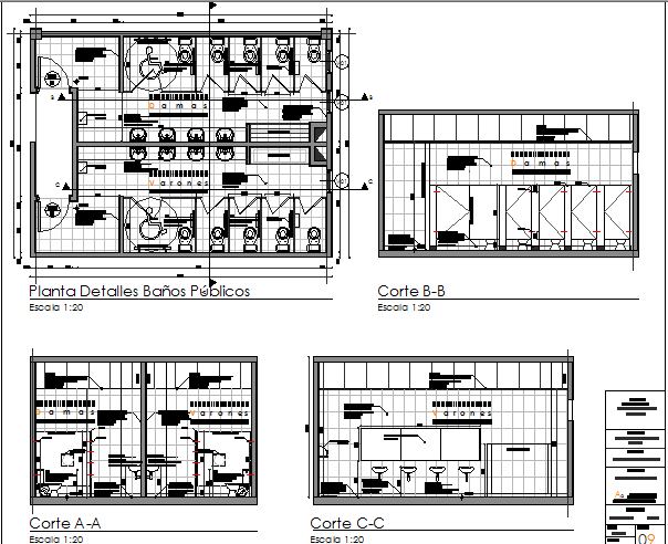 Public bathrooms auto-cad details in shopping center dwg file