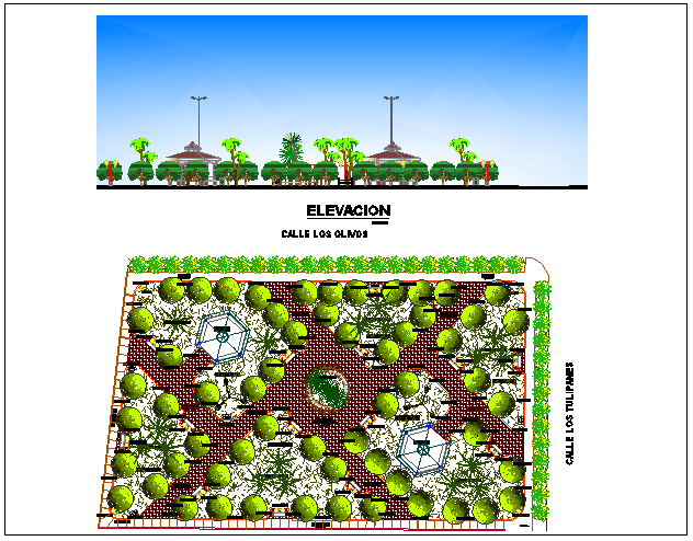 Public garden elevation with landscaping details dwg file