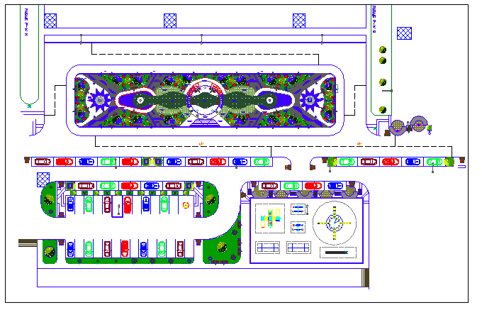Public garden landscaping with parking lot view details dwg file