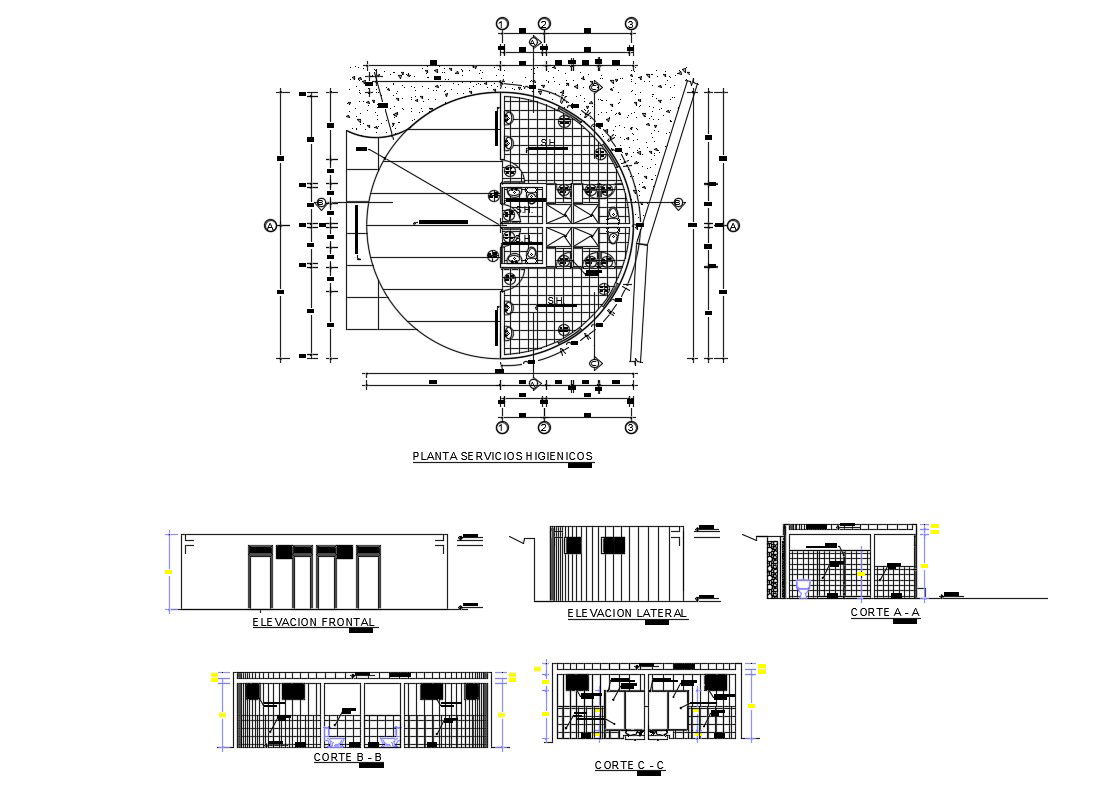 Public hygiene service elevation, section and plan cad drawing details dwg file