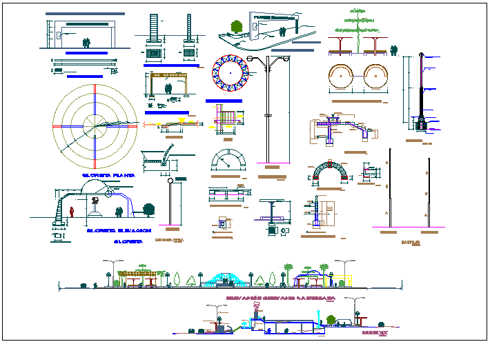 Public park elevation, landscaping and game elements details dwg file