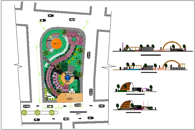 Public park elevation and landscaping details dwg file