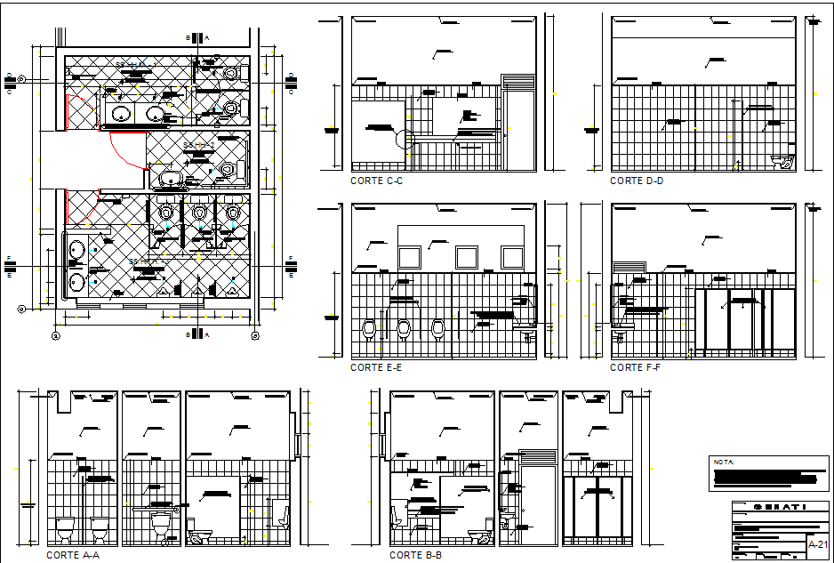 Public wash room elevation and section detail dwg file