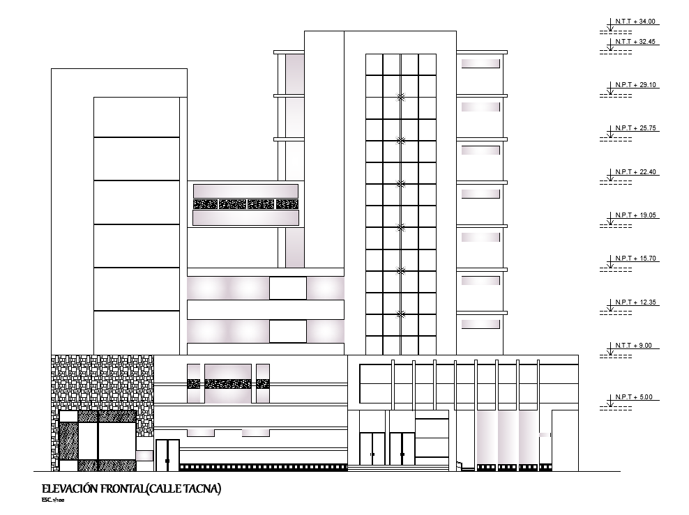 Public building elevation cad drawing is given in this cad file. Download this 2d auto cad file.